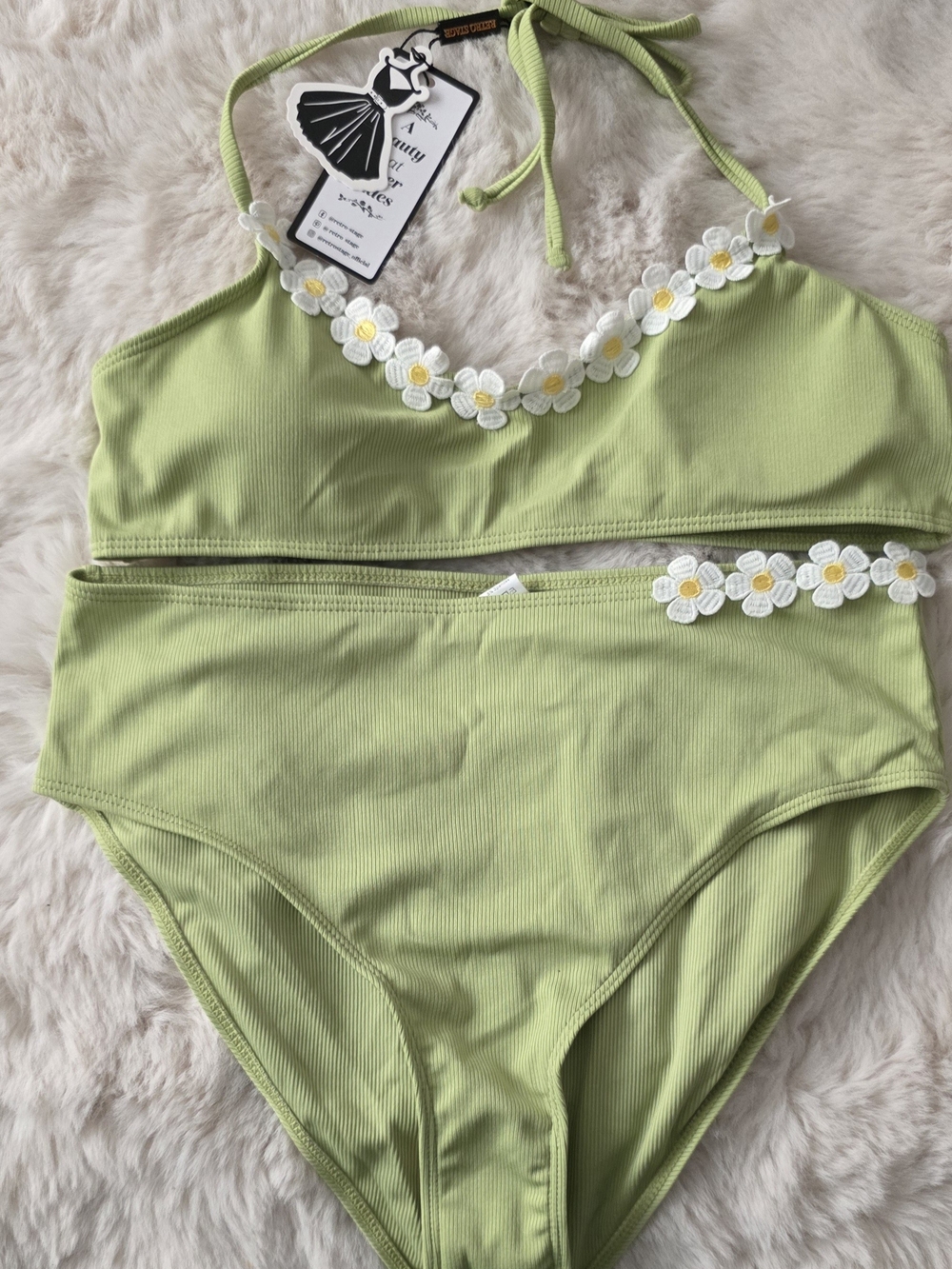 Retro Stage Lime Green Daisy Trim Two-Piece Bikini